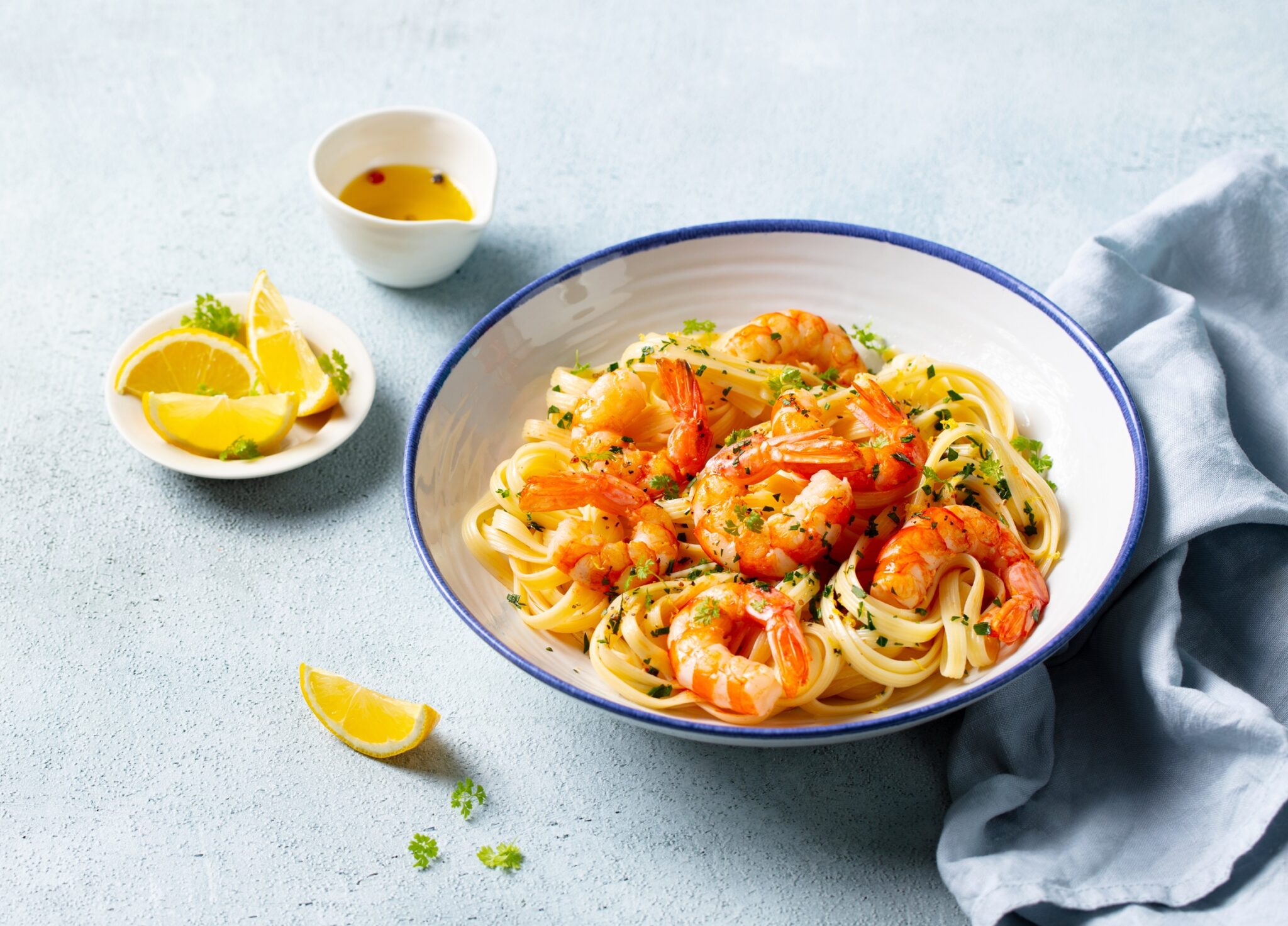 Pasta,With,Shrimps.,Grey,Background.,Close,Up.,Copy,Space.